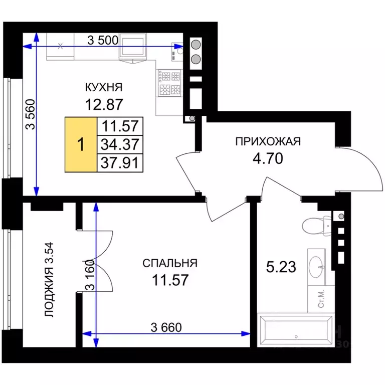 1-к кв. Калининградская область, Гурьевск Включи жилой комплекс (37.91 ... - Фото 0