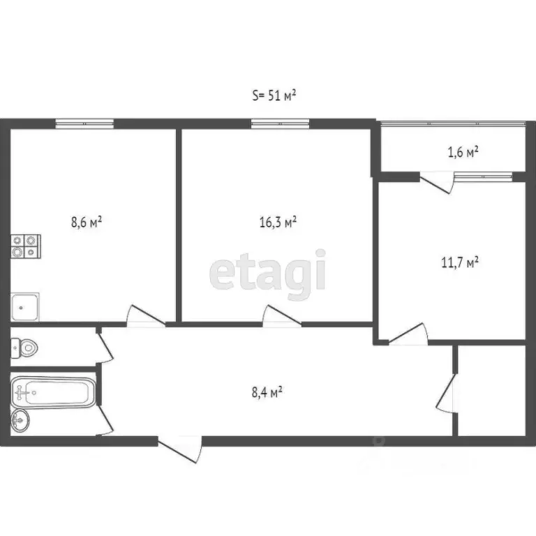 2-к кв. Тульская область, Тула Курковая ул., 11 (50.0 м) - Фото 1