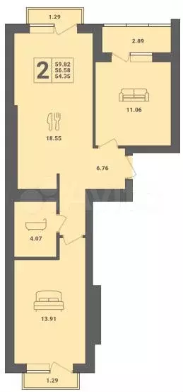 2-к. квартира, 59,8 м, 6/6 эт. - Фото 1