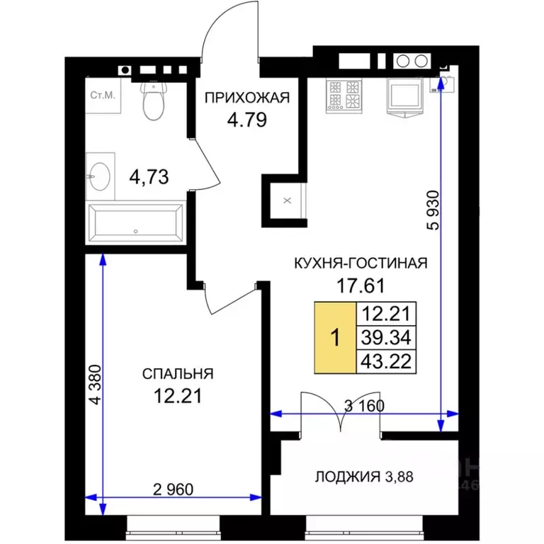 1-к кв. Калининградская область, Гурьевск Включи жилой комплекс (43.22 ... - Фото 0