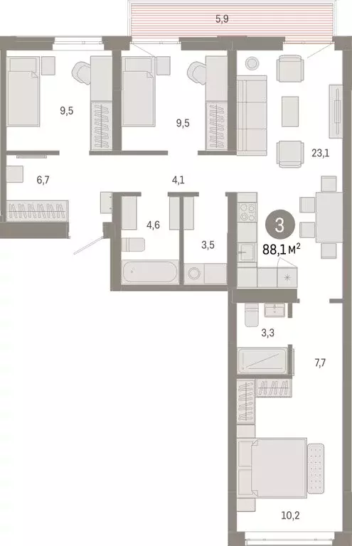 3-комнатная квартира: Тюмень, улица Республики, 205к3 (88.09 м) - Фото 2