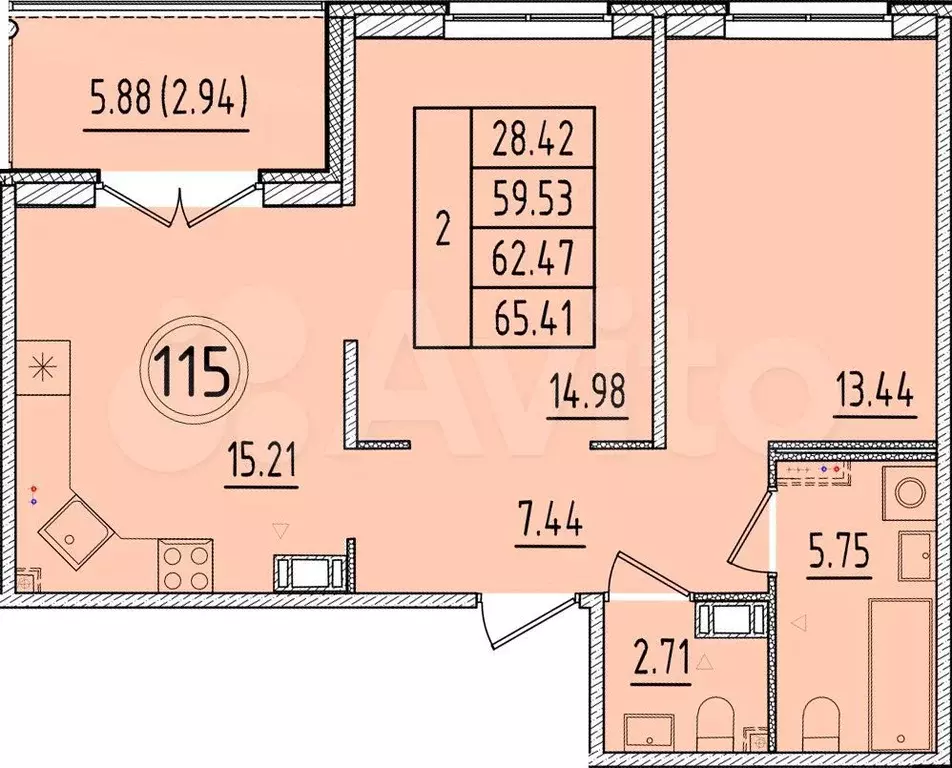 2-к. квартира, 59,5 м, 3/4 эт. - Фото 0