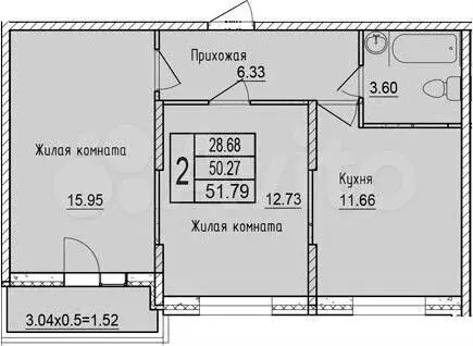 2-к. квартира, 51,8 м, 5/16 эт. - Фото 1