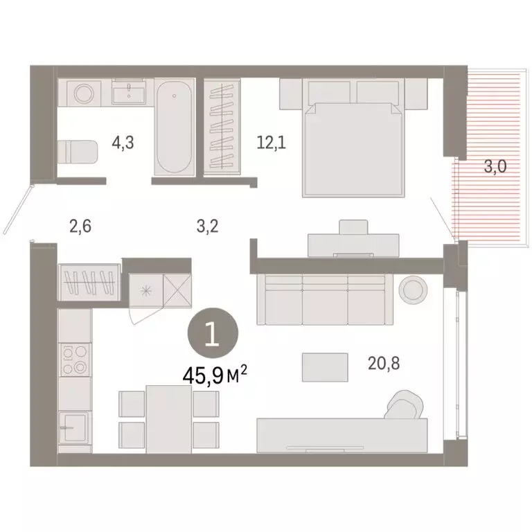 1-комнатная квартира: Тюмень, улица Республики, 205к3 (45.89 м) - Фото 1