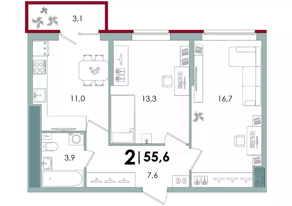 2-к кв. Тверская область, Тверь Южный мкр,  (55.6 м) - Фото 0