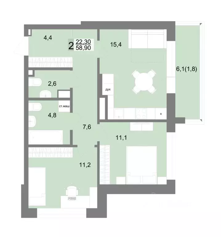 2-к кв. Свердловская область, Екатеринбург ул. Семена Лагоды, 80 (58.9 ... - Фото 1