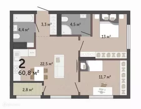 Продаётся 2-к квартира, 60.8 м - Фото 1