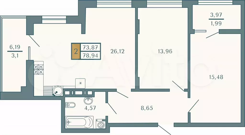 2-к. квартира, 78,9 м, 5/9 эт. - Фото 0