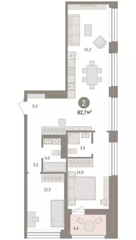 2-комнатная квартира: Тюмень, улица Муравленко, 9/2 (82.74 м) - Фото 2