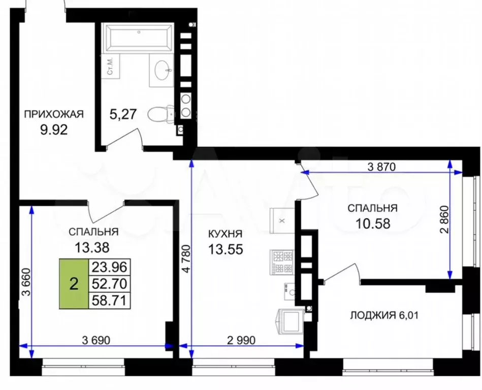 2-к. квартира, 58,7м, 7/7эт. - Фото 1