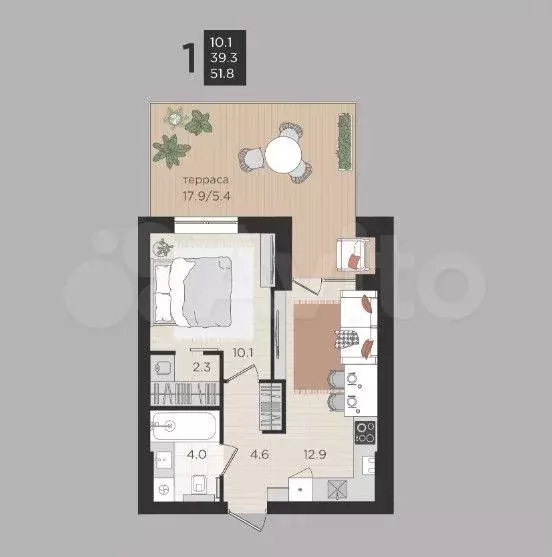 1-к. квартира, 39,3 м, 1/4 эт. - Фото 1
