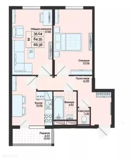 Продаётся 2-к квартира, 66.36 м - Фото 1