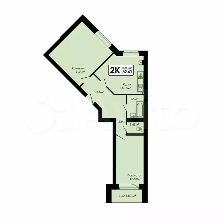 2-к. квартира, 62,4 м, 1/4 эт. - Фото 0