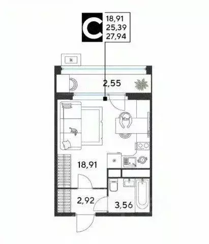 Студия Московская область, Реутов Комсомольская ул. (27.94 м) - Фото 1