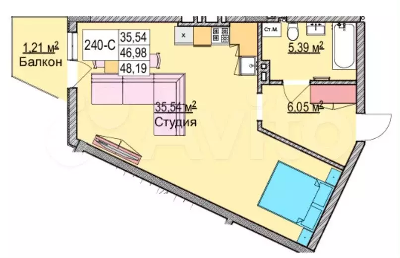 Квартира-студия, 48 м, 2/6 эт. - Фото 1