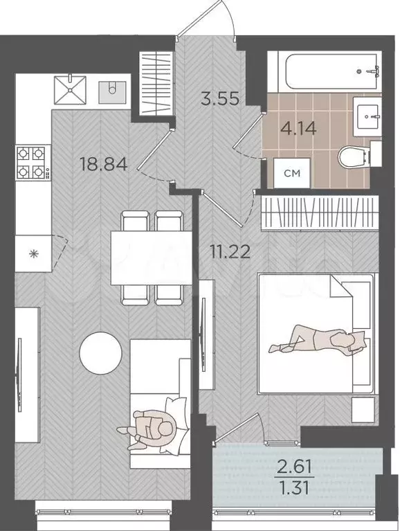 1-к. квартира, 39,1 м, 4/9 эт. - Фото 1