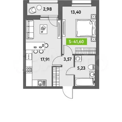 1-к. квартира, 41,6м, 2/12эт. - Фото 1