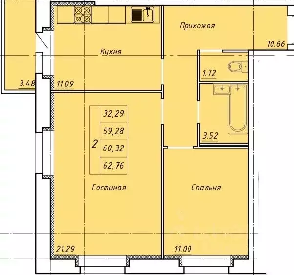 2-к кв. Тамбовская область, Тамбов ул. Гастелло, 109Б (62.76 м) - Фото 0
