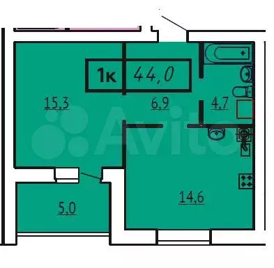 1-к. квартира, 44 м, 5/9 эт. - Фото 0