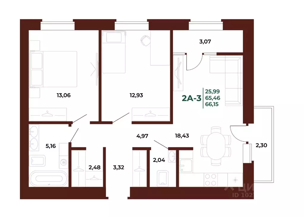 2-к кв. Пензенская область, Пенза Арбери жилой комплекс (68.08 м) - Фото 1