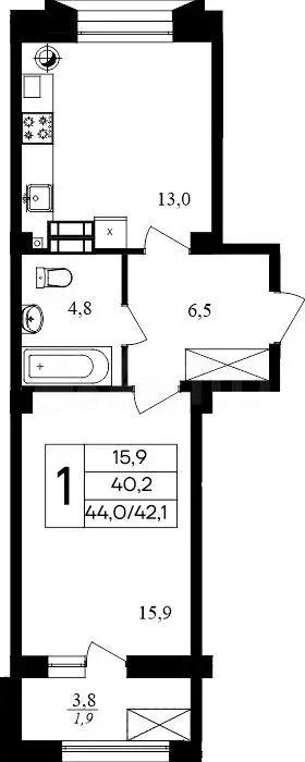 1-к. квартира, 44 м, 4/8 эт. - Фото 0