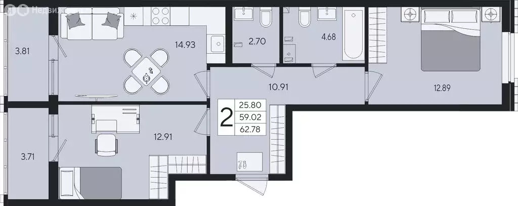 2-комнатная квартира: Краснодар (62.78 м) - Фото 2