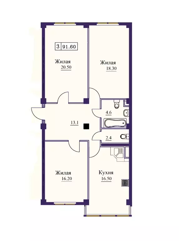 3-к квартира, 91.6 м - Фото 0