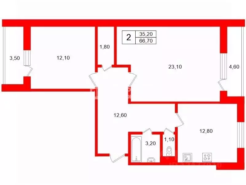 2-к кв. Санкт-Петербург просп. Авиаконструкторов, 45К1 (66.7 м) - Фото 2