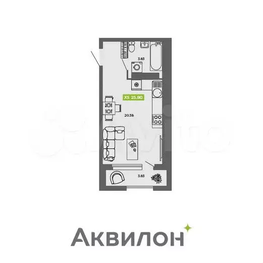 Квартира-студия, 25,9 м, 9/16 эт. - Фото 1