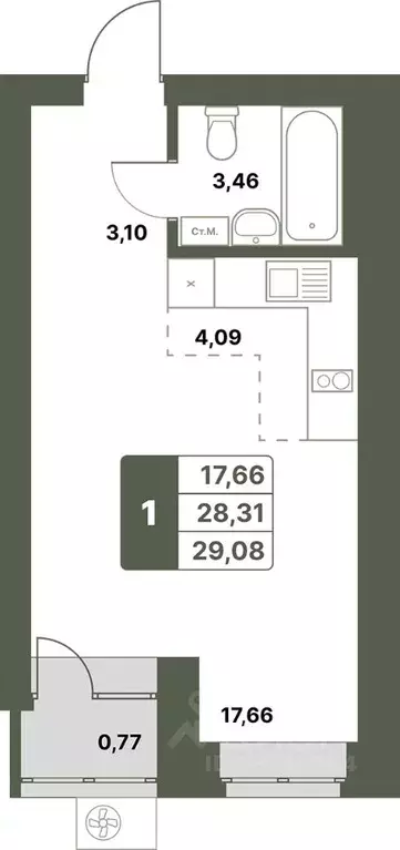 1-к кв. Башкортостан, Уфимский район, с. Миловка  (29.08 м) - Фото 1