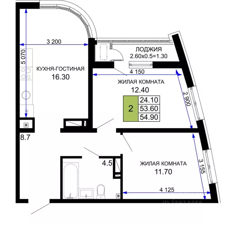 2-к кв. Краснодарский край, Краснодар Фонтаны жилой комплекс (54.9 м) - Фото 1
