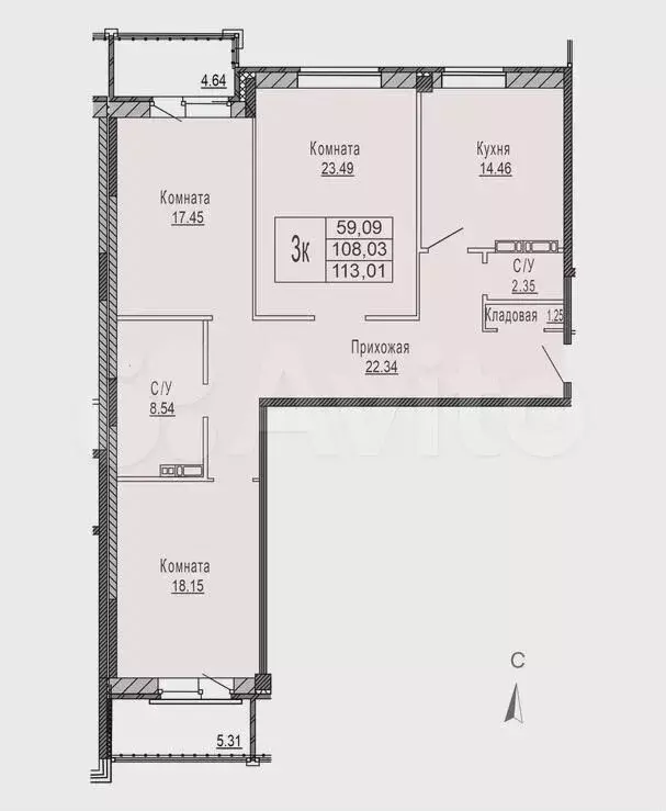 3-к. квартира, 113 м, 3/8 эт. - Фото 1