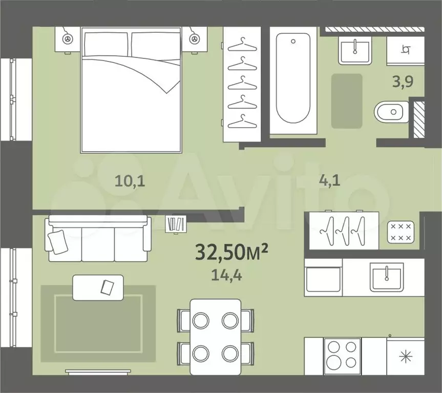 1-к. квартира, 32,5 м, 4/9 эт. - Фото 0