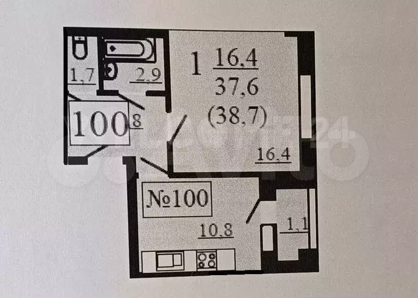 1-к. квартира, 38,7 м, 4/6 эт. - Фото 0