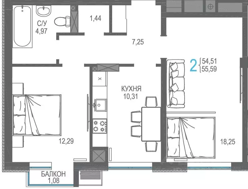 2-к кв. Крым, Симферопольский район, Гвардейское пгт, Республика жилой ... - Фото 1
