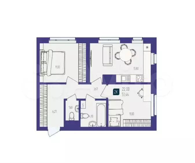 2-к. квартира, 51 м, 4/25 эт. - Фото 1
