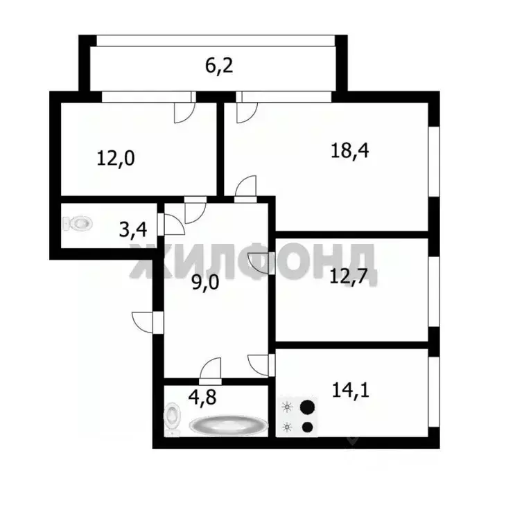 3-к кв. Новосибирская область, Новосибирск ул. Гоголя, 222 (74.4 м) - Фото 1
