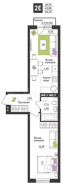 2-к. квартира, 44,3 м, 3/4 эт. - Фото 0