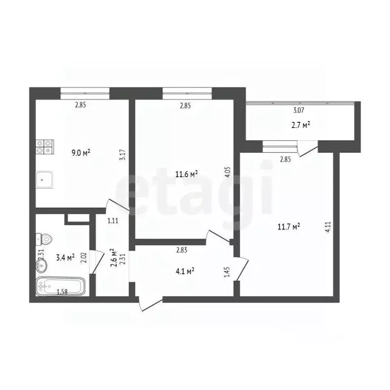2-к кв. Тюменская область, Тюмень ул. Новоселов, 107к2 (42.4 м) - Фото 2