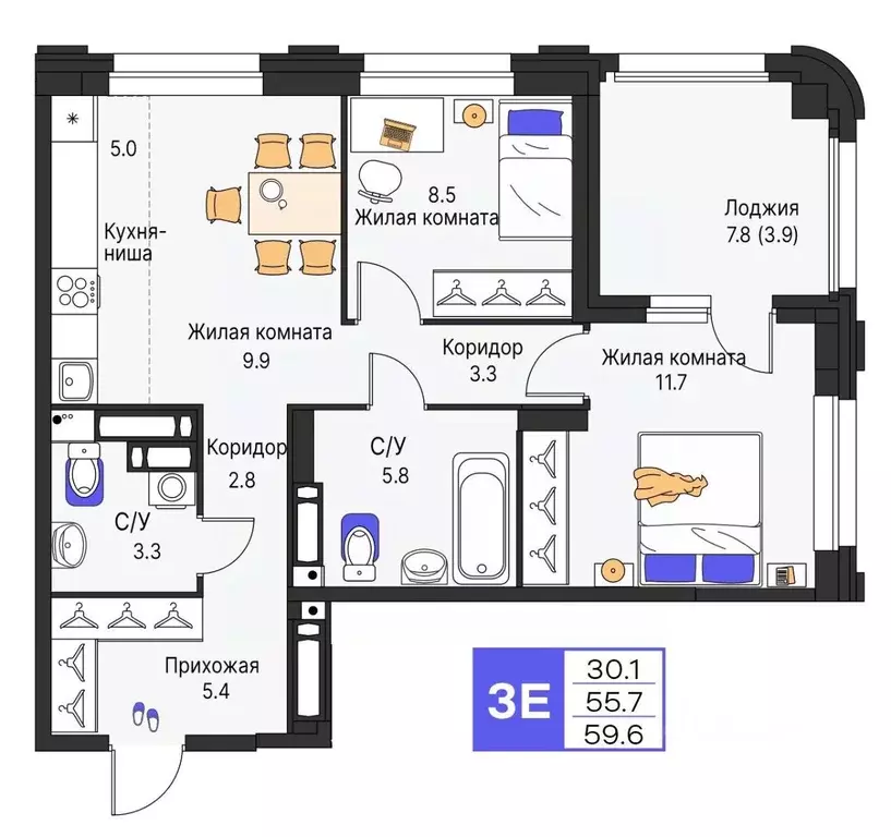 3-к кв. Пермский край, Пермь ул. Карла Модераха, 7 (59.6 м) - Фото 1