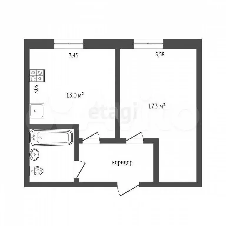1-к. квартира, 38,8 м, 5/5 эт. - Фото 0
