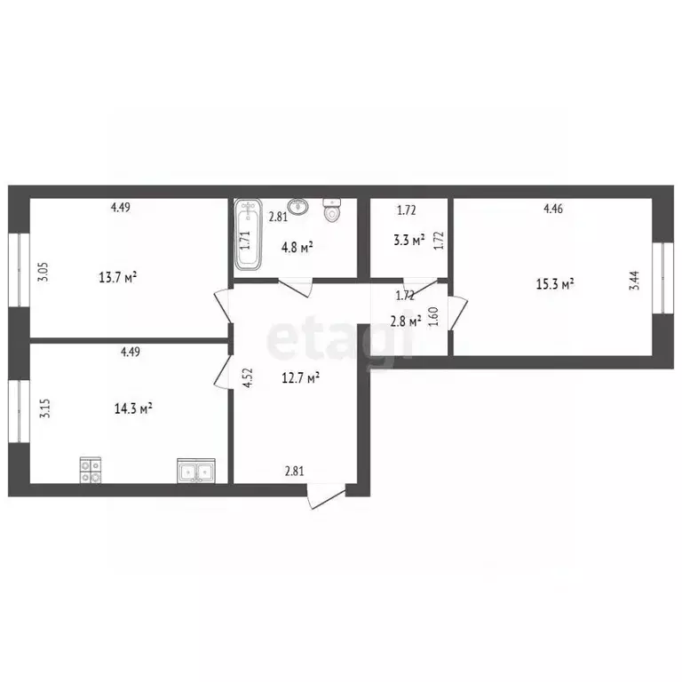 2-к кв. Тюменская область, Тюмень ул. Республики, 204к7 (66.4 м) - Фото 1