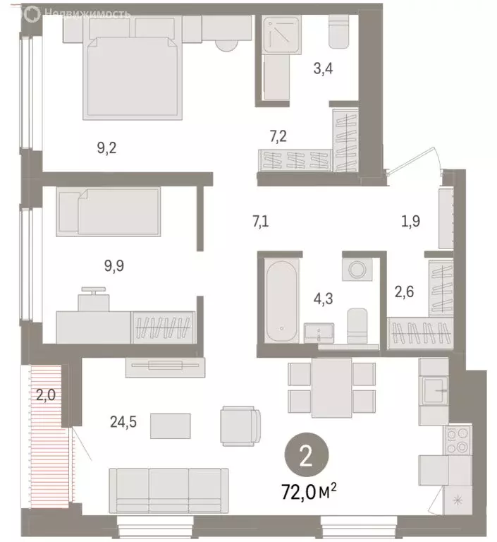 2-комнатная квартира: Новосибирск, улица Аэропорт (71.98 м) - Фото 1