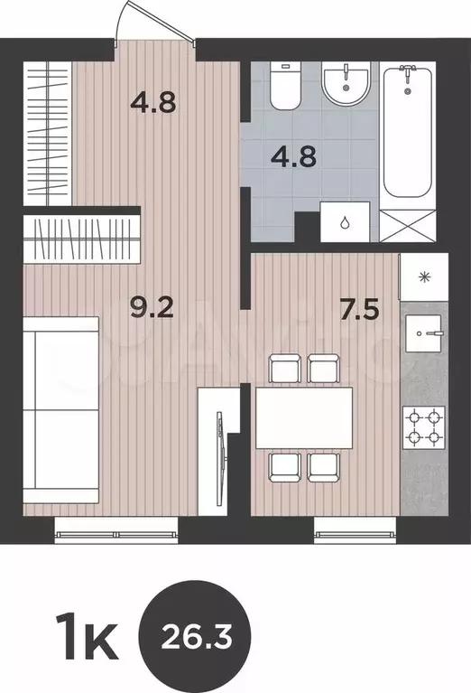 1-к. квартира, 26,3 м, 1/9 эт. - Фото 1