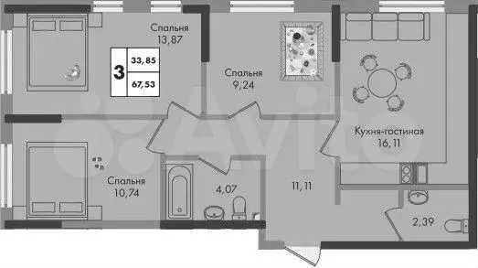 3-к. квартира, 67,5 м, 2/9 эт. - Фото 1