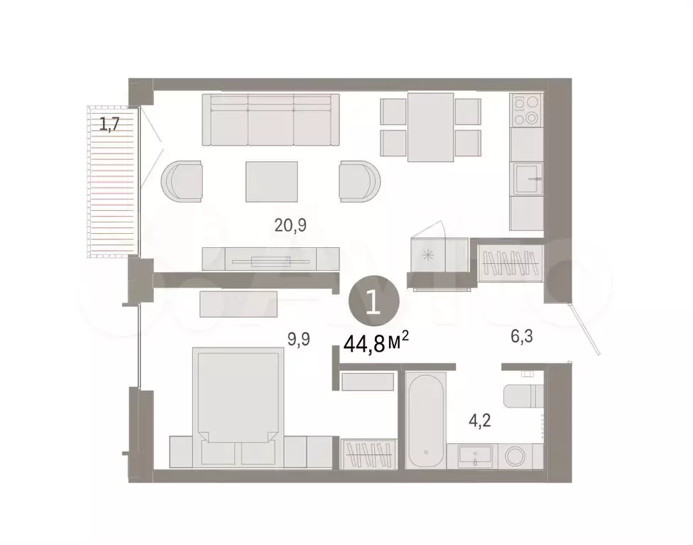 1-к. квартира, 44,8 м, 4/7 эт. - Фото 1