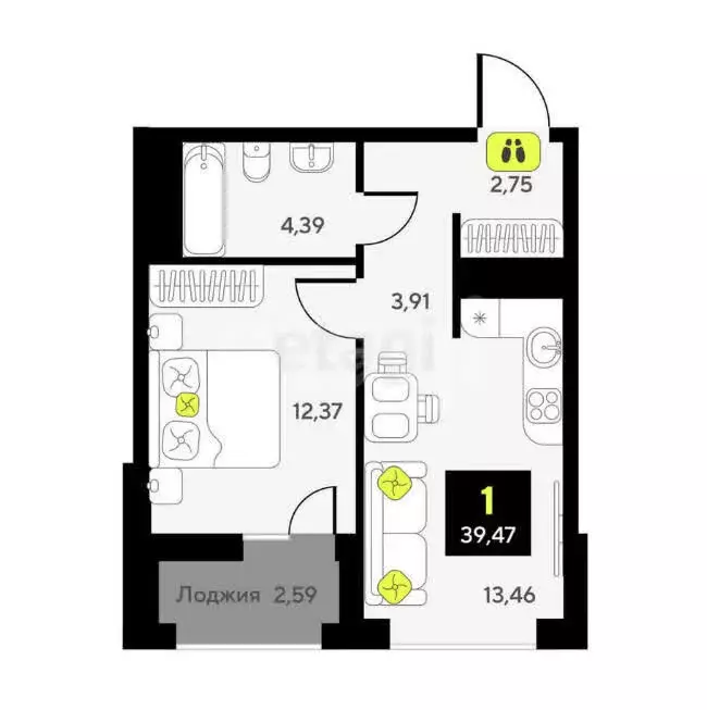 1-комнатная квартира: Тюмень, улица Андрея Приказнова, 1 (39.5 м) - Фото 1