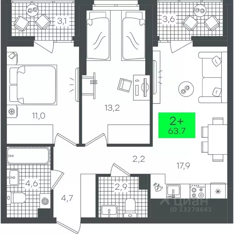 2-к кв. Тюменская область, Тюмень ул. Василия Малкова, 19 (63.71 м) - Фото 0