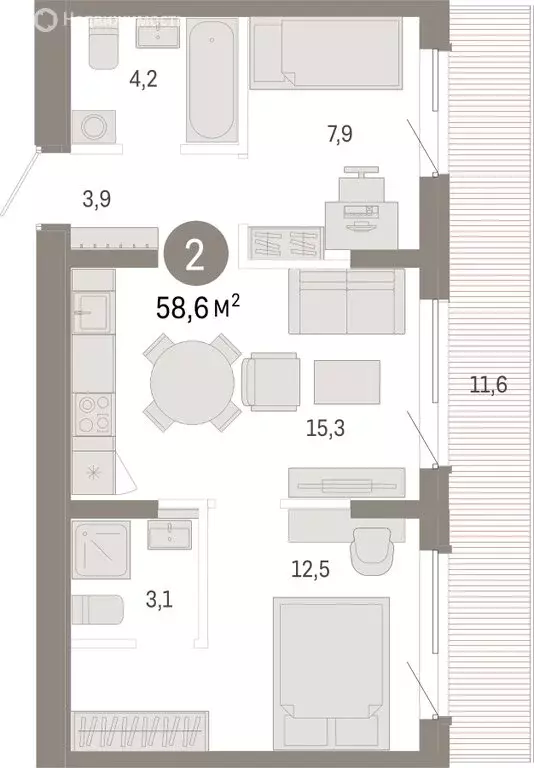 2-комнатная квартира: Омск, Кировский округ (58.56 м) - Фото 1