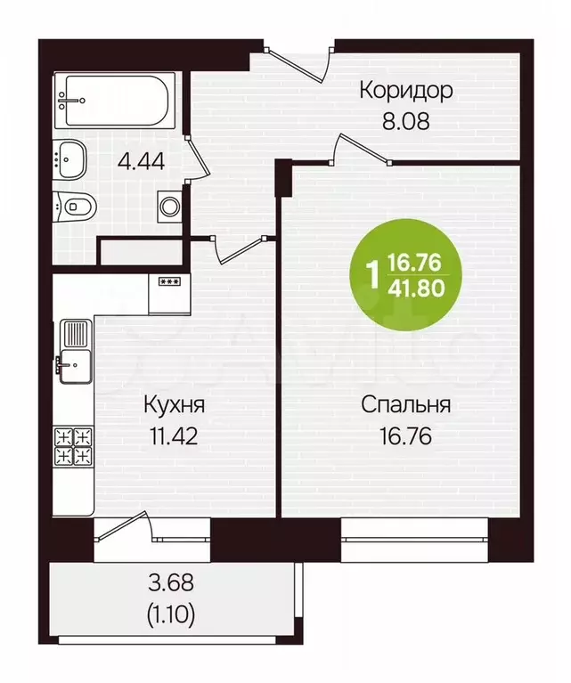 1-к. квартира, 41,8 м, 2/12 эт. - Фото 0